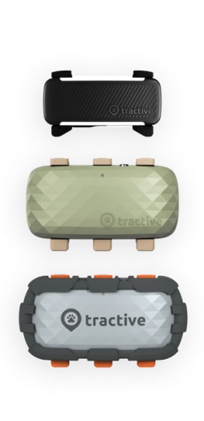 Three Tractive pet trackers in different colors and designs arranged vertically against a light background.