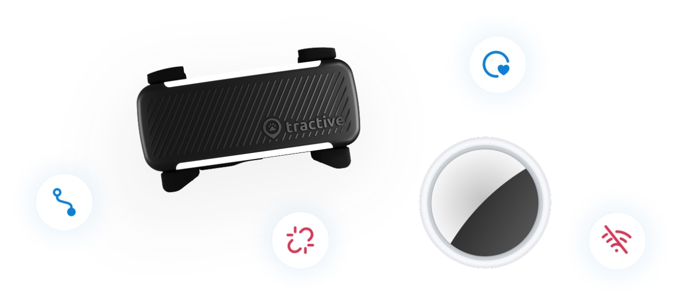Black Tractive Dog 6 tracker and round sensor device displayed on a light blue background with connectivity icons